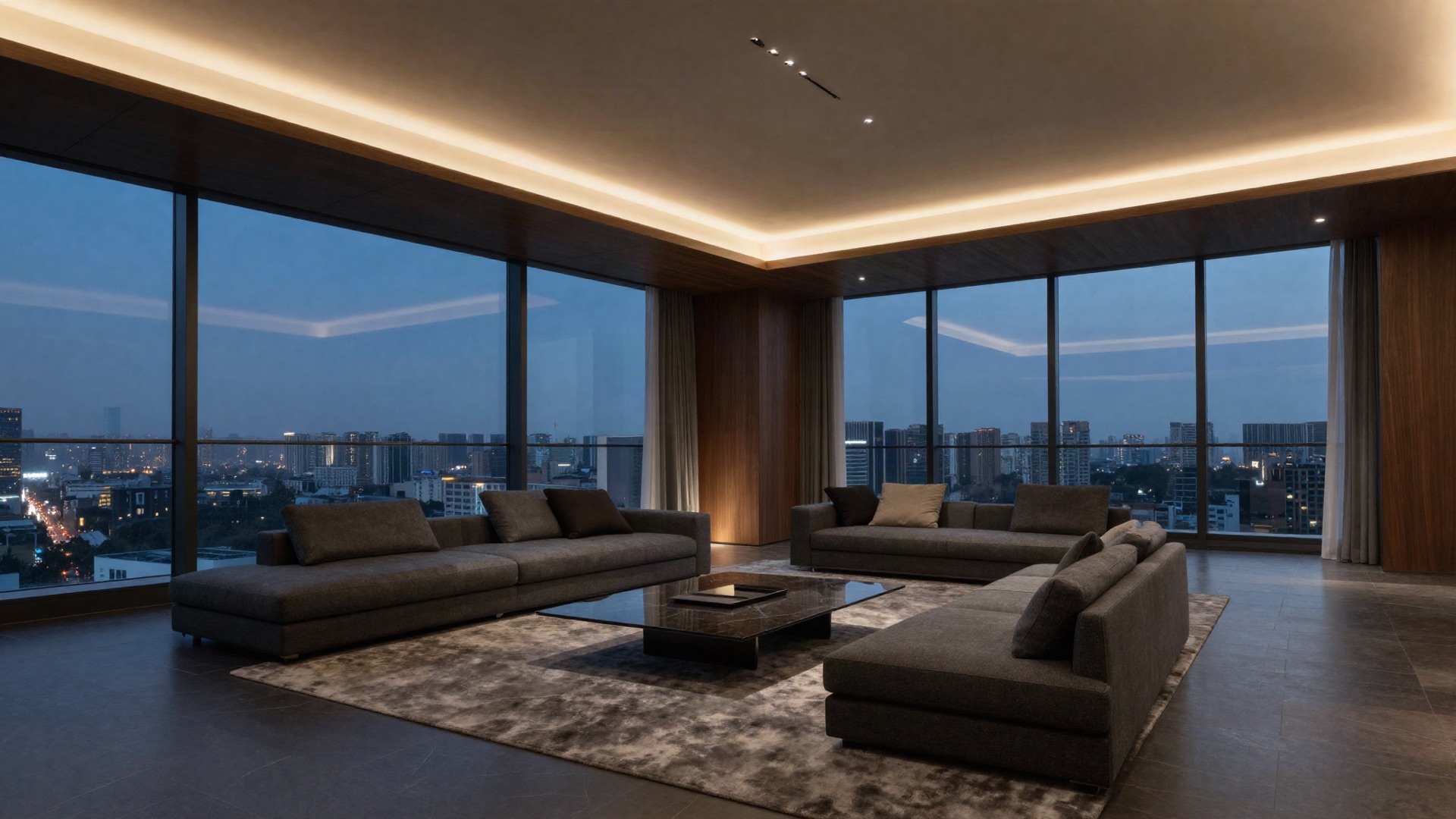 Spotless luxury penthouse interior at dusk with city views