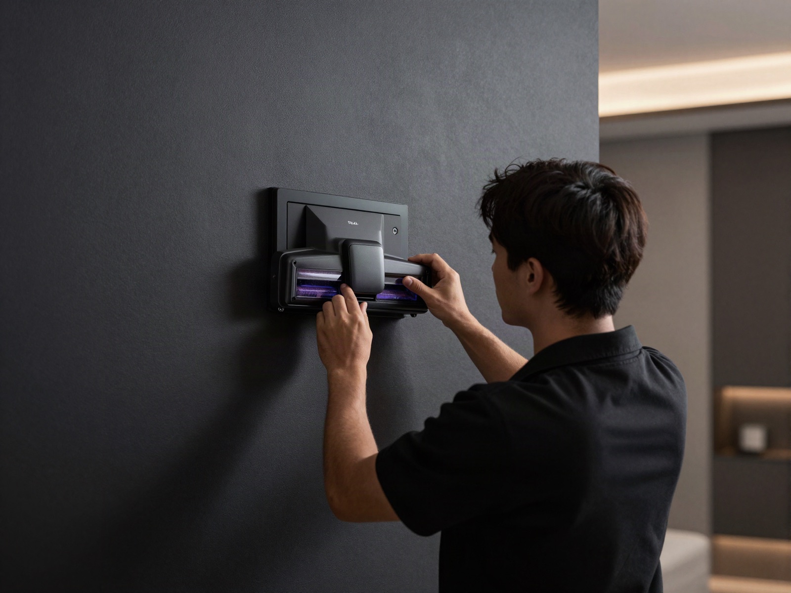 Technician installing a modern central vacuum wall inlet in an upscale interior