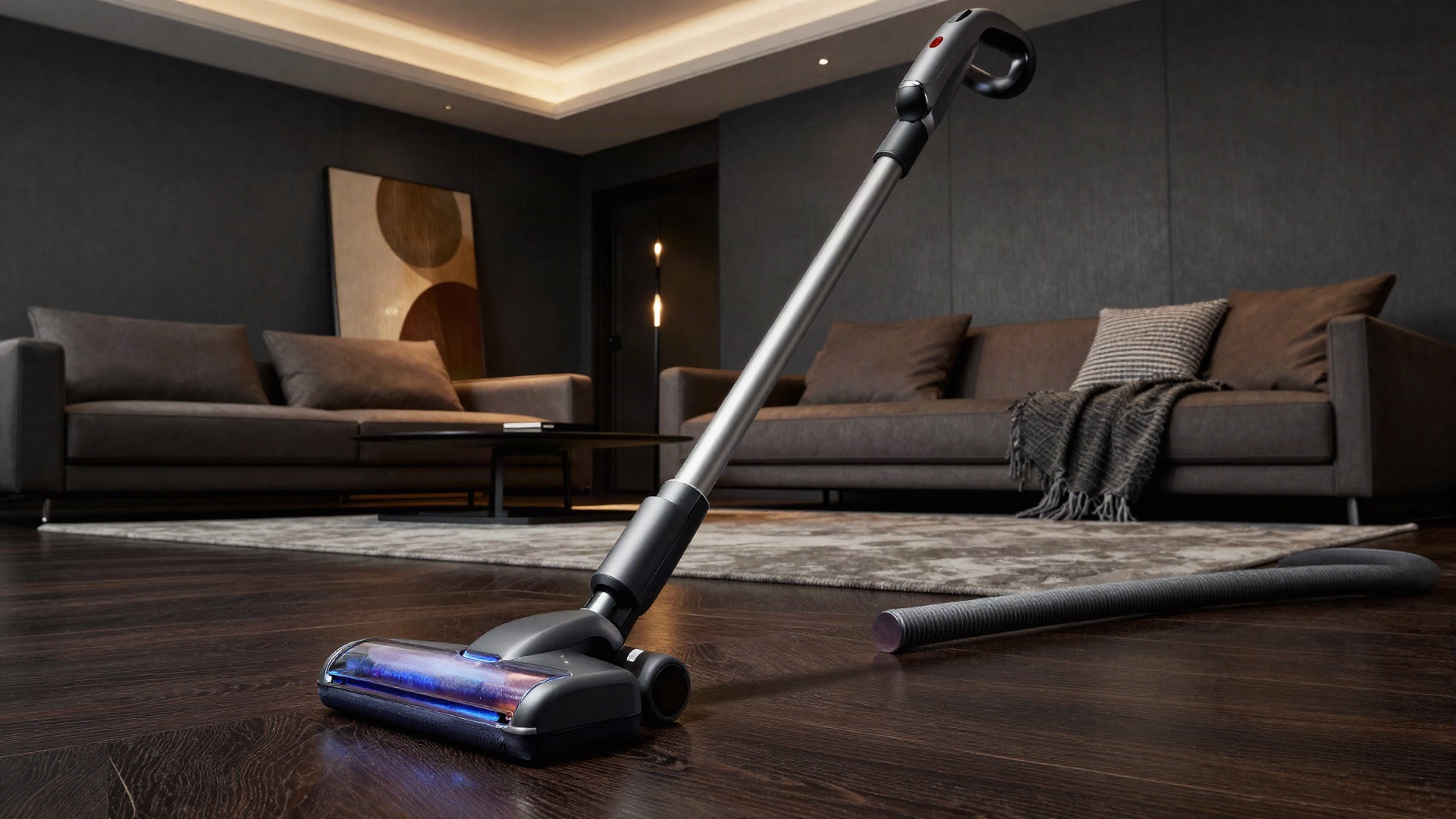 Sleek modern vacuum in a dark luxury living room